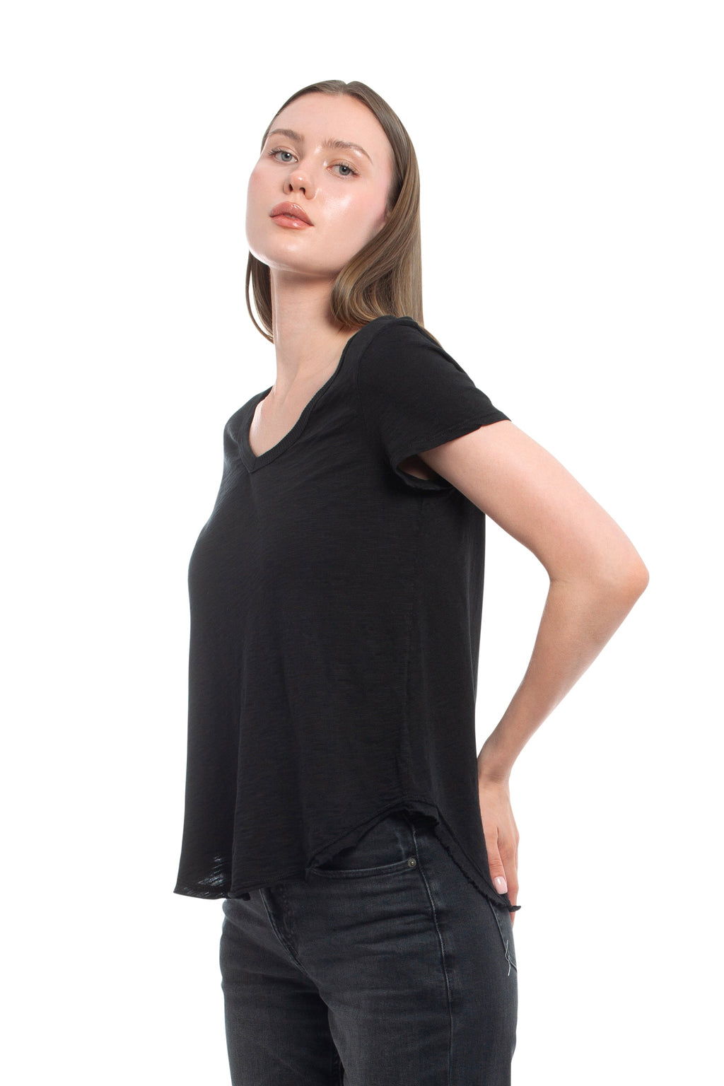 Short Sleeve Shrunken V-Neck Shirttail