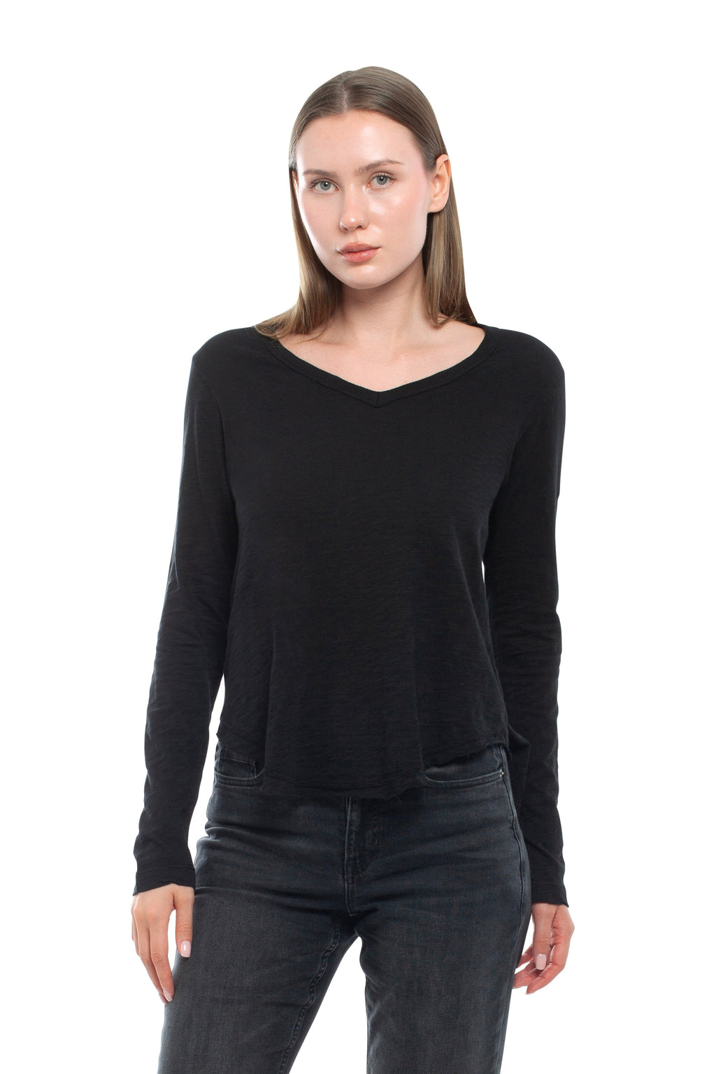 Long Sleeve V-Neck w/ Raw Hem Shirttail