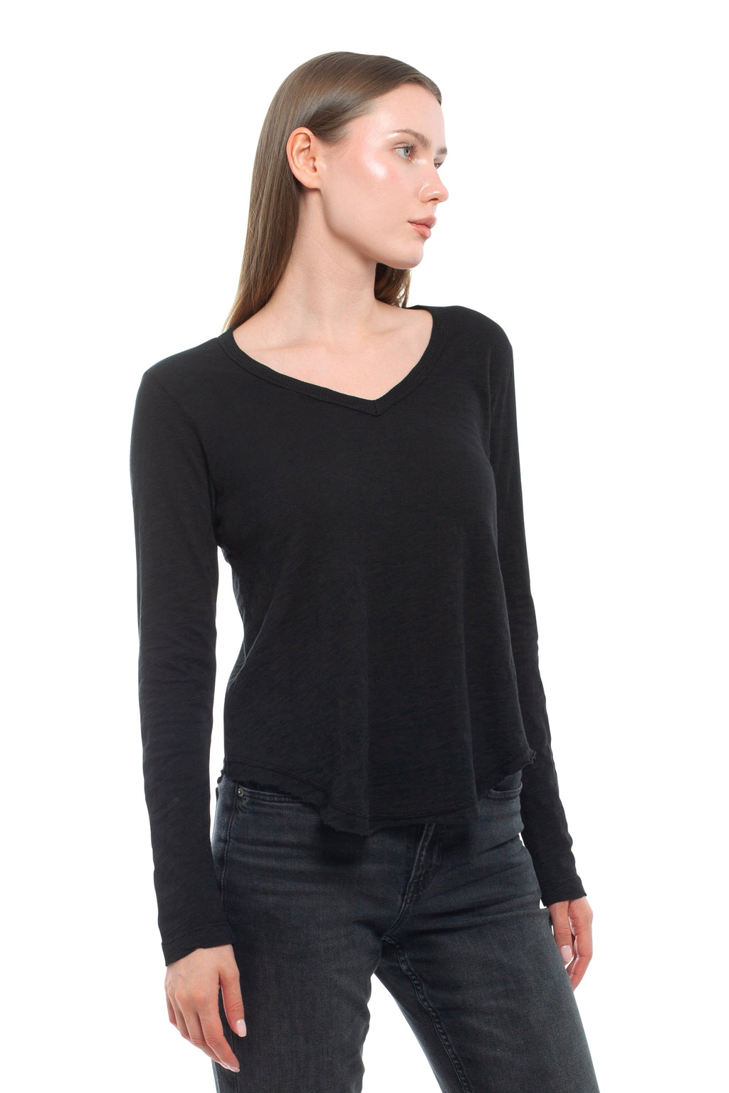 Long Sleeve V-Neck w/ Raw Hem Shirttail