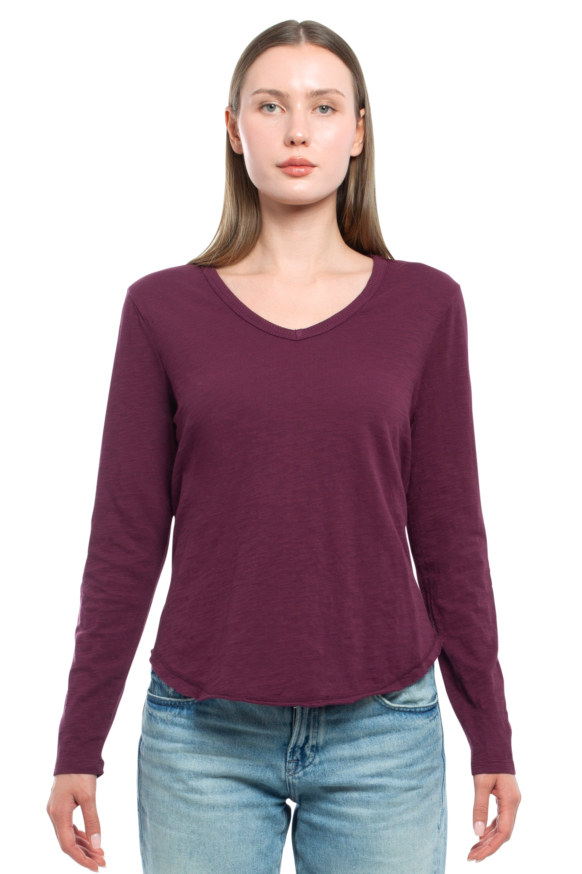 Long Sleeve V-Neck w/ Raw Hem Shirttail