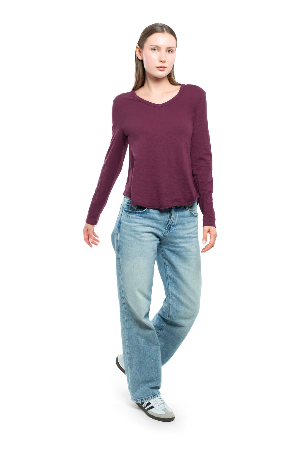 Long Sleeve V-Neck w/ Raw Hem Shirttail