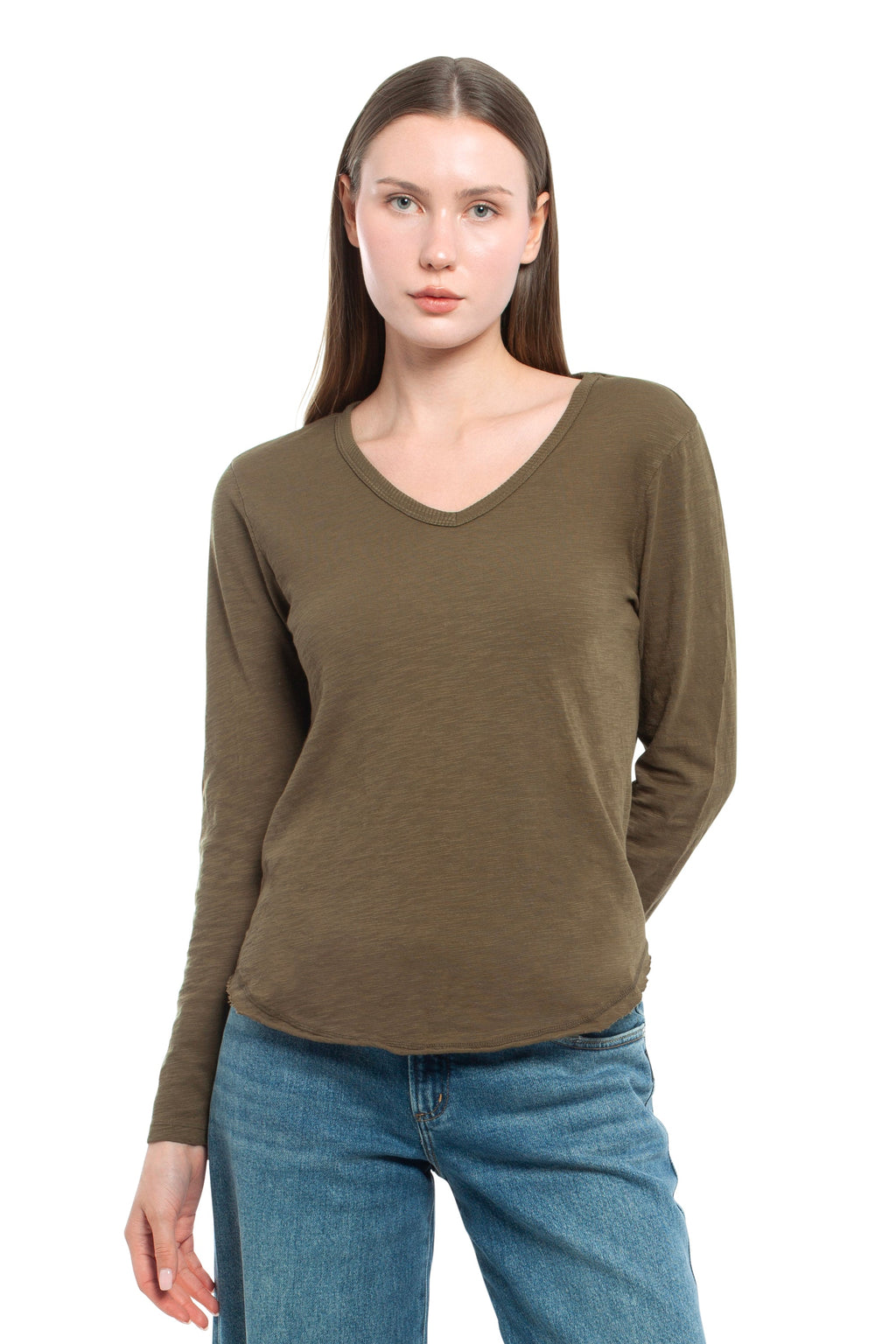 Long Sleeve V-Neck w/ Raw Hem Shirttail