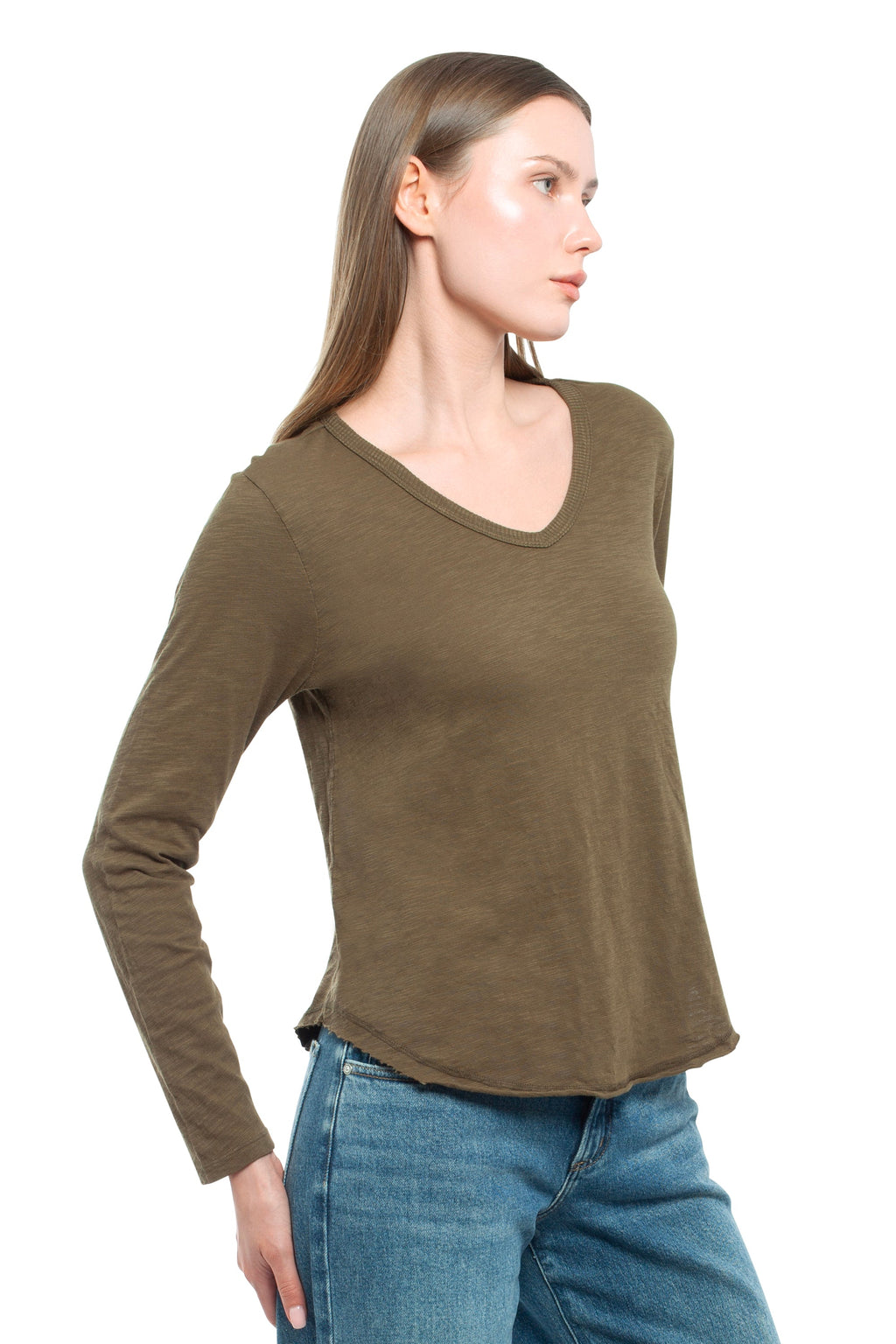Long Sleeve V-Neck w/ Raw Hem Shirttail