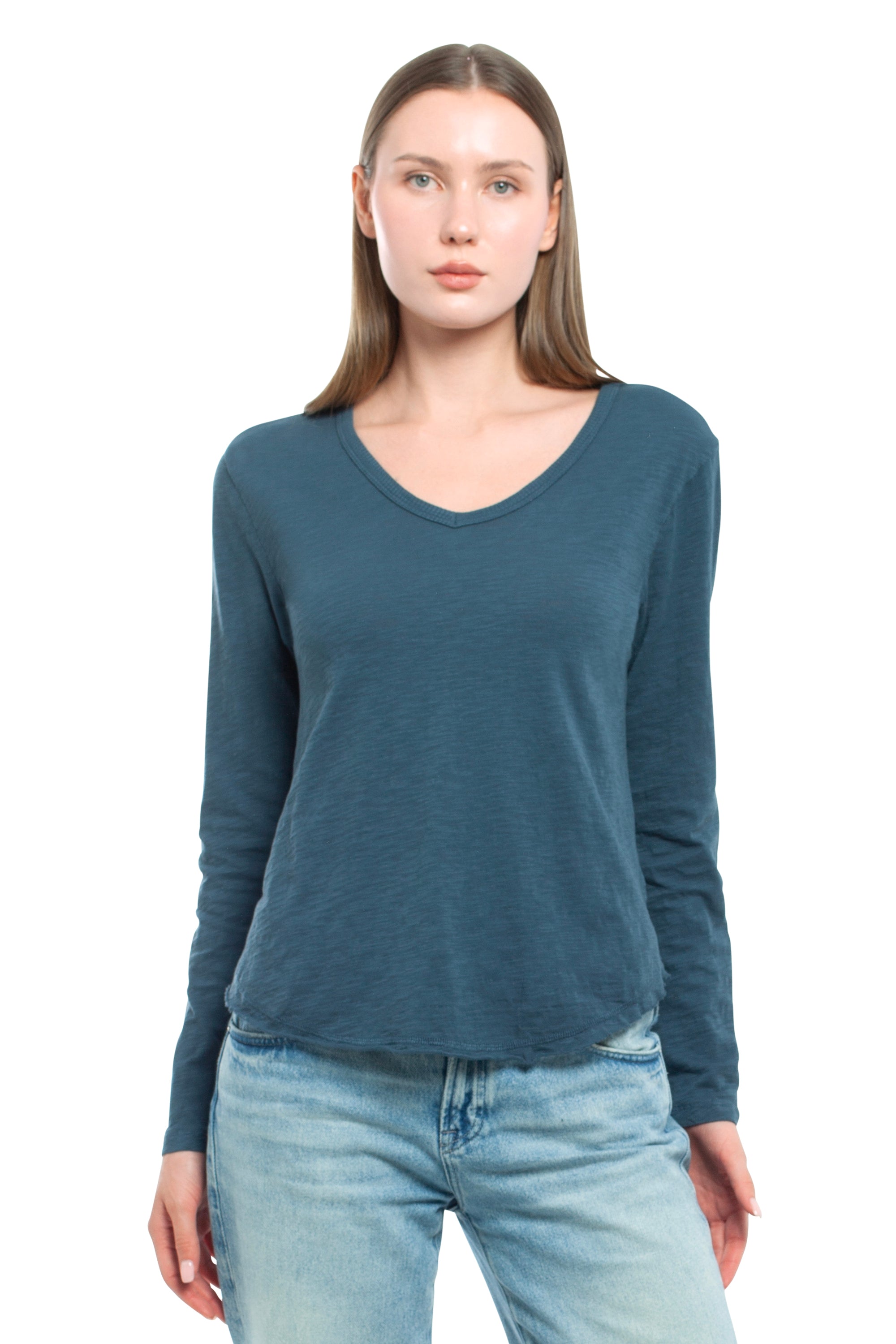 Long Sleeve V-Neck w/ Raw Hem Shirttail