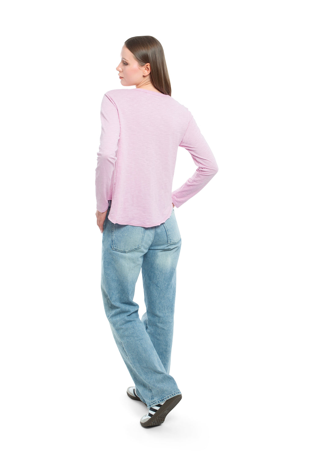 Long Sleeve V-Neck w/ Raw Hem Shirttail