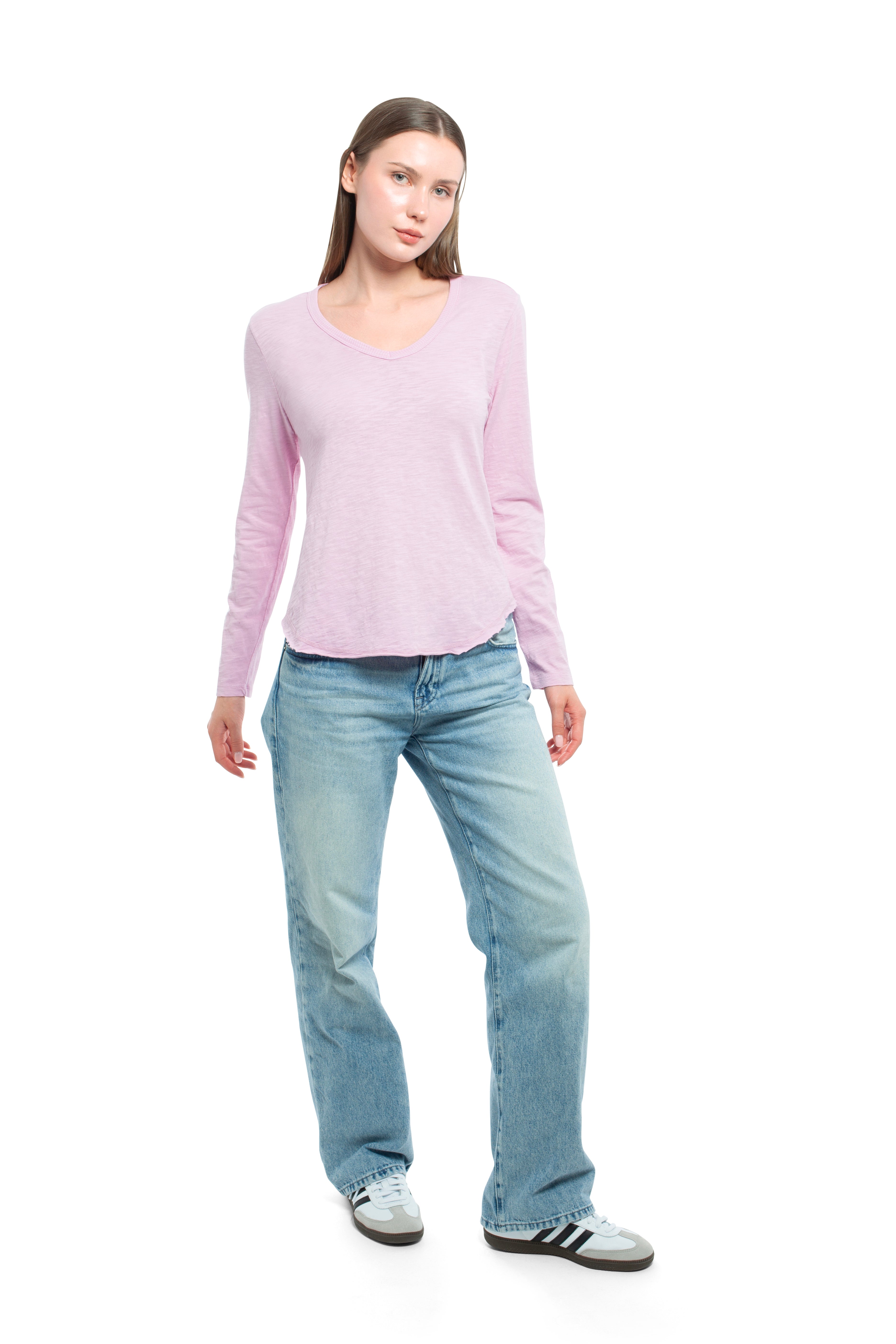 Long Sleeve V-Neck w/ Raw Hem Shirttail