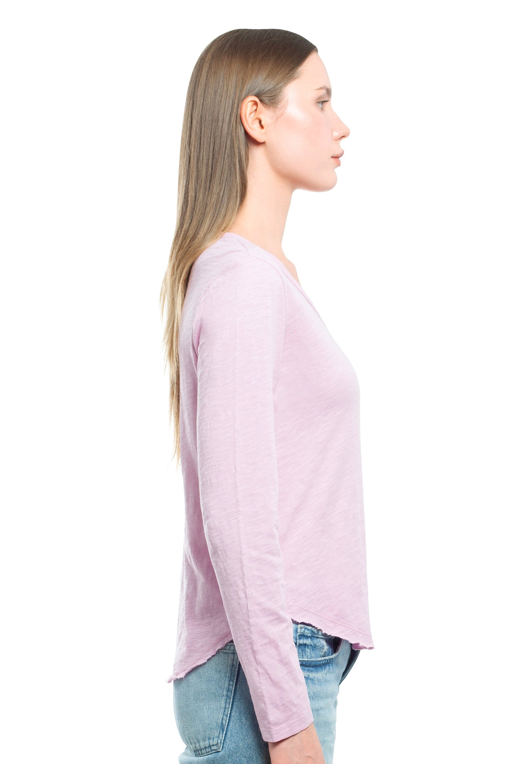 Long Sleeve V-Neck w/ Raw Hem Shirttail