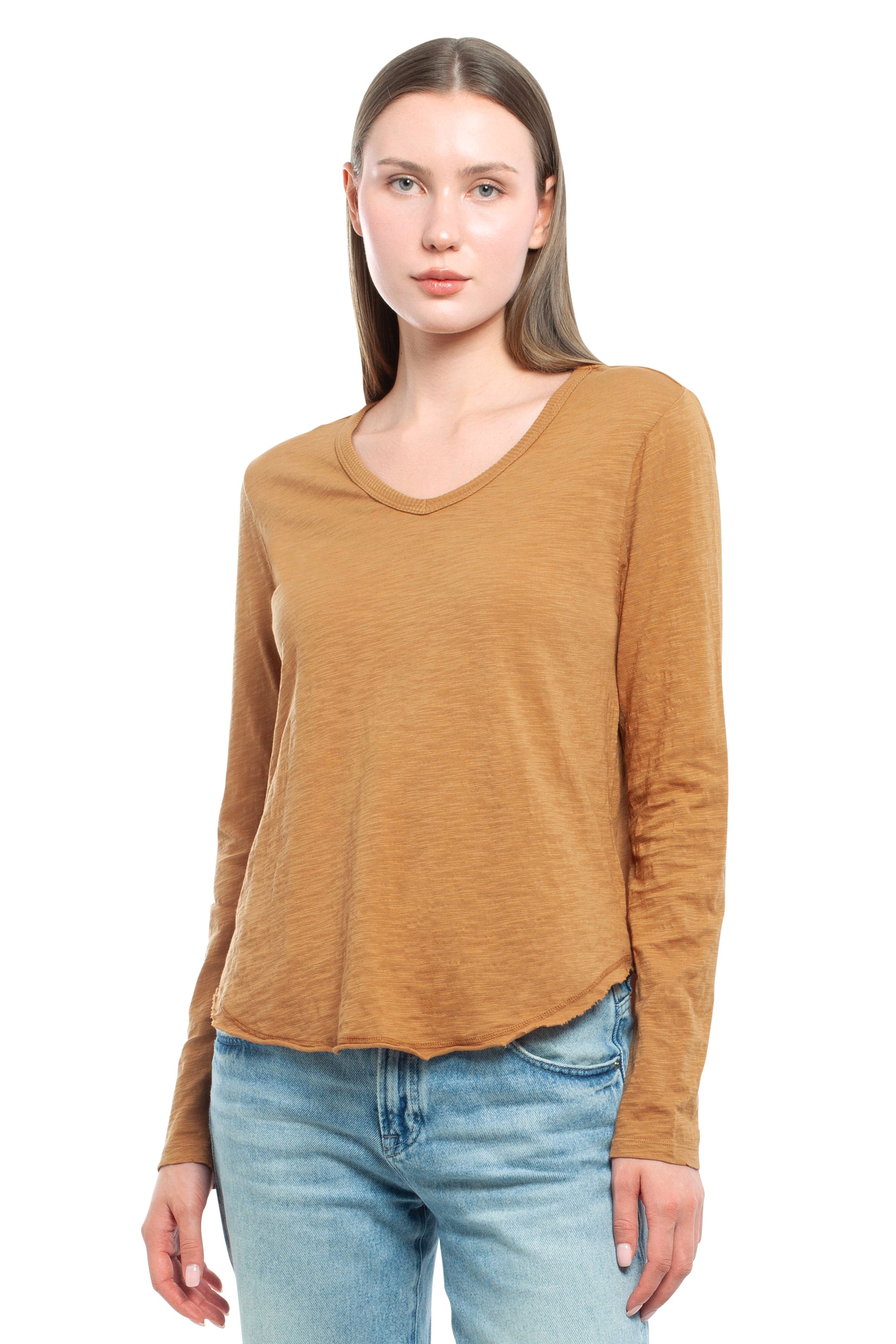 Long Sleeve V-Neck w/ Raw Hem Shirttail