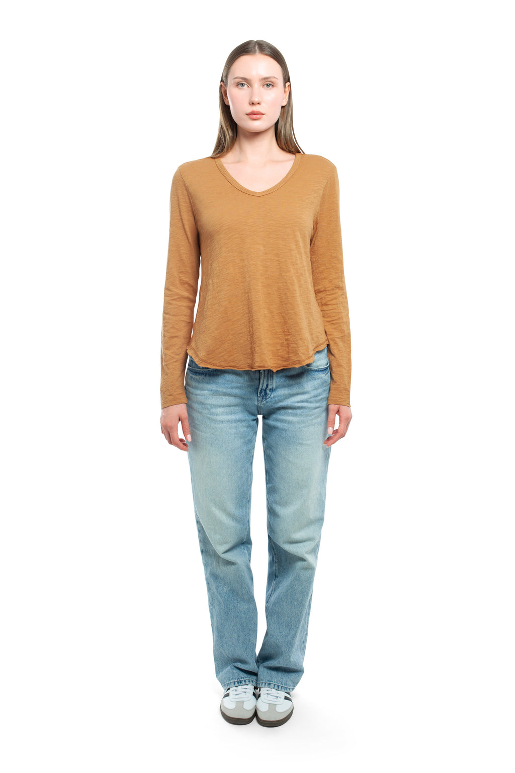 Long Sleeve V-Neck w/ Raw Hem Shirttail