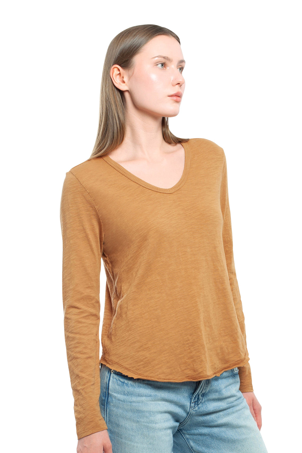 Long Sleeve V-Neck w/ Raw Hem Shirttail