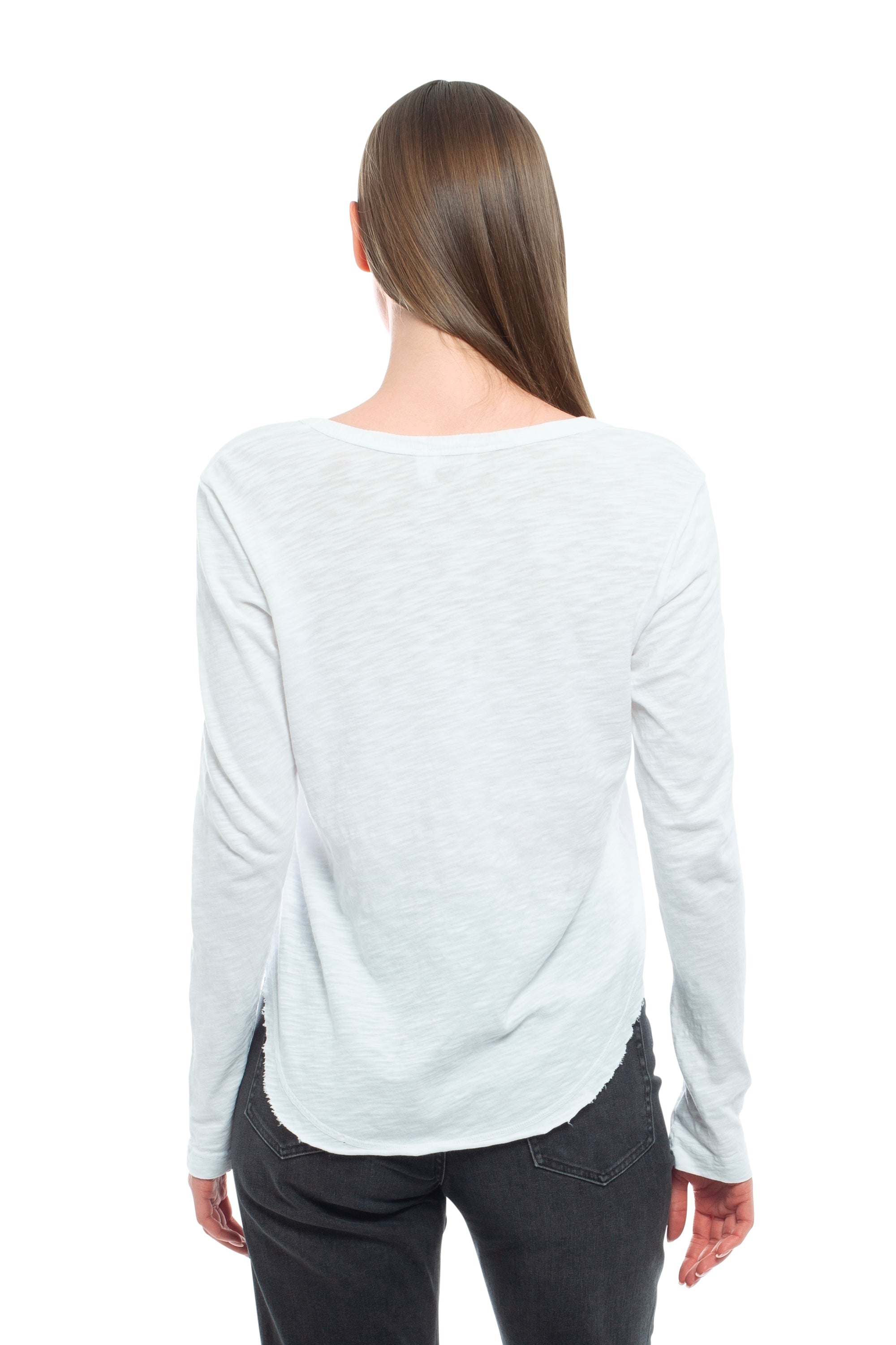 Long Sleeve V-Neck w/ Raw Hem Shirttail