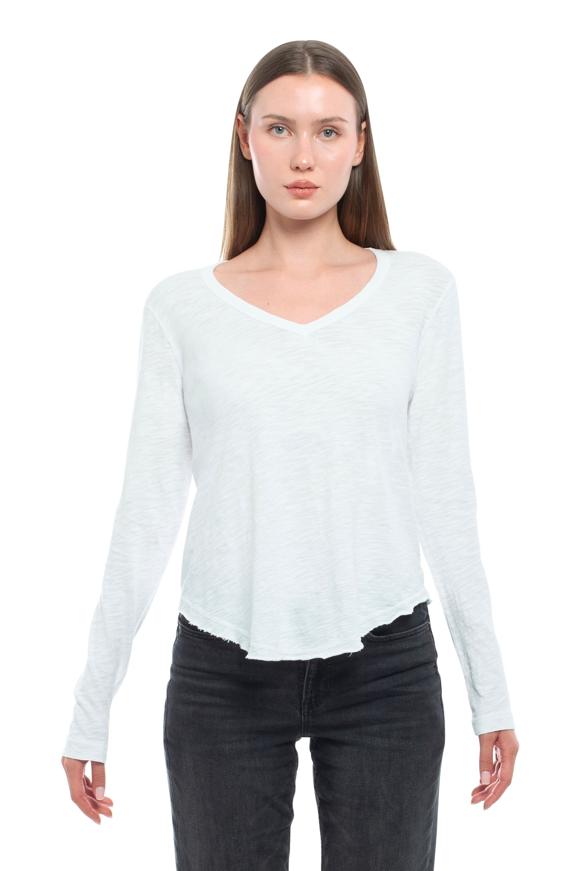 Long Sleeve V-Neck w/ Raw Hem Shirttail