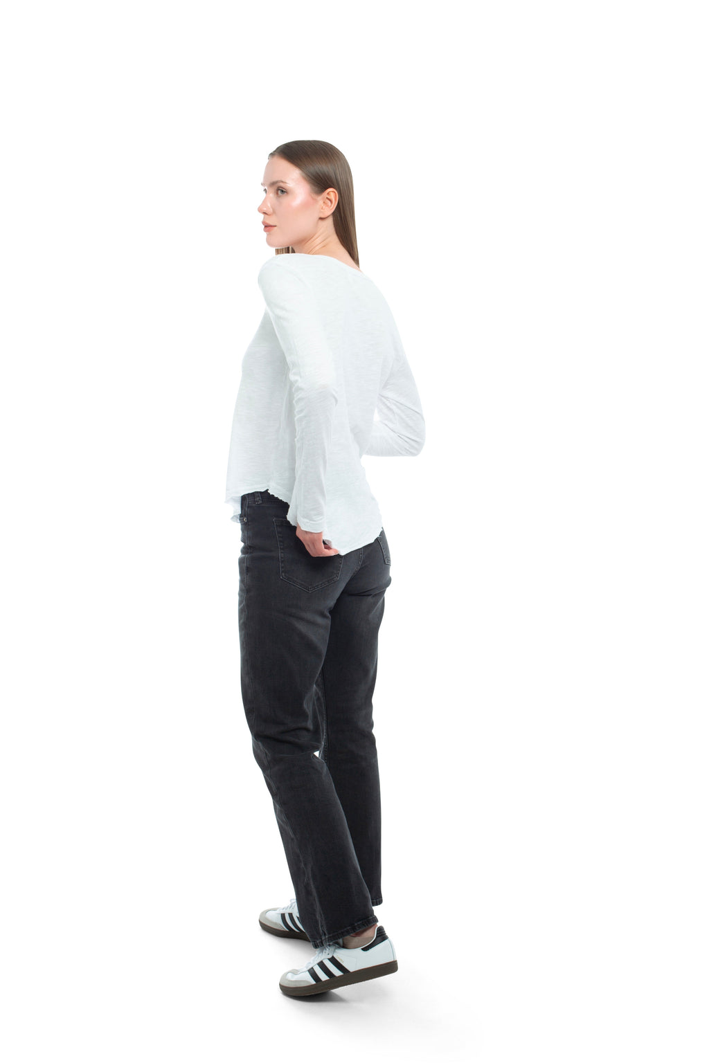 Long Sleeve V-Neck w/ Raw Hem Shirttail