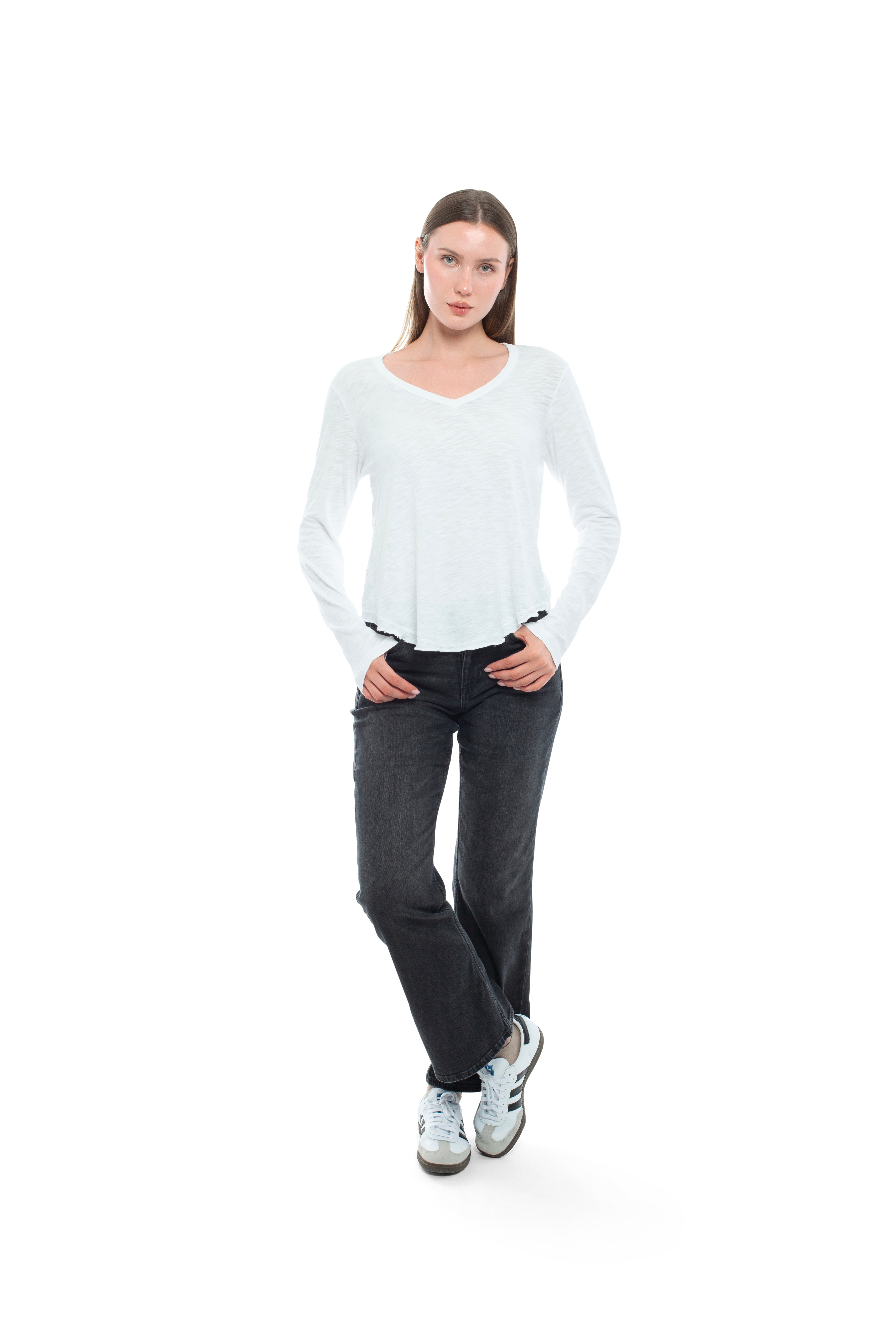 Long Sleeve V-Neck w/ Raw Hem Shirttail
