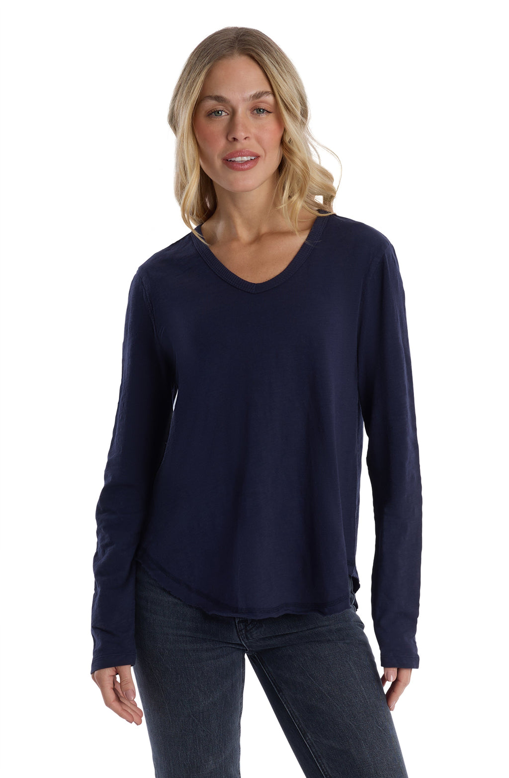 Long Sleeve V-Neck w/ Raw Hem Shirttail