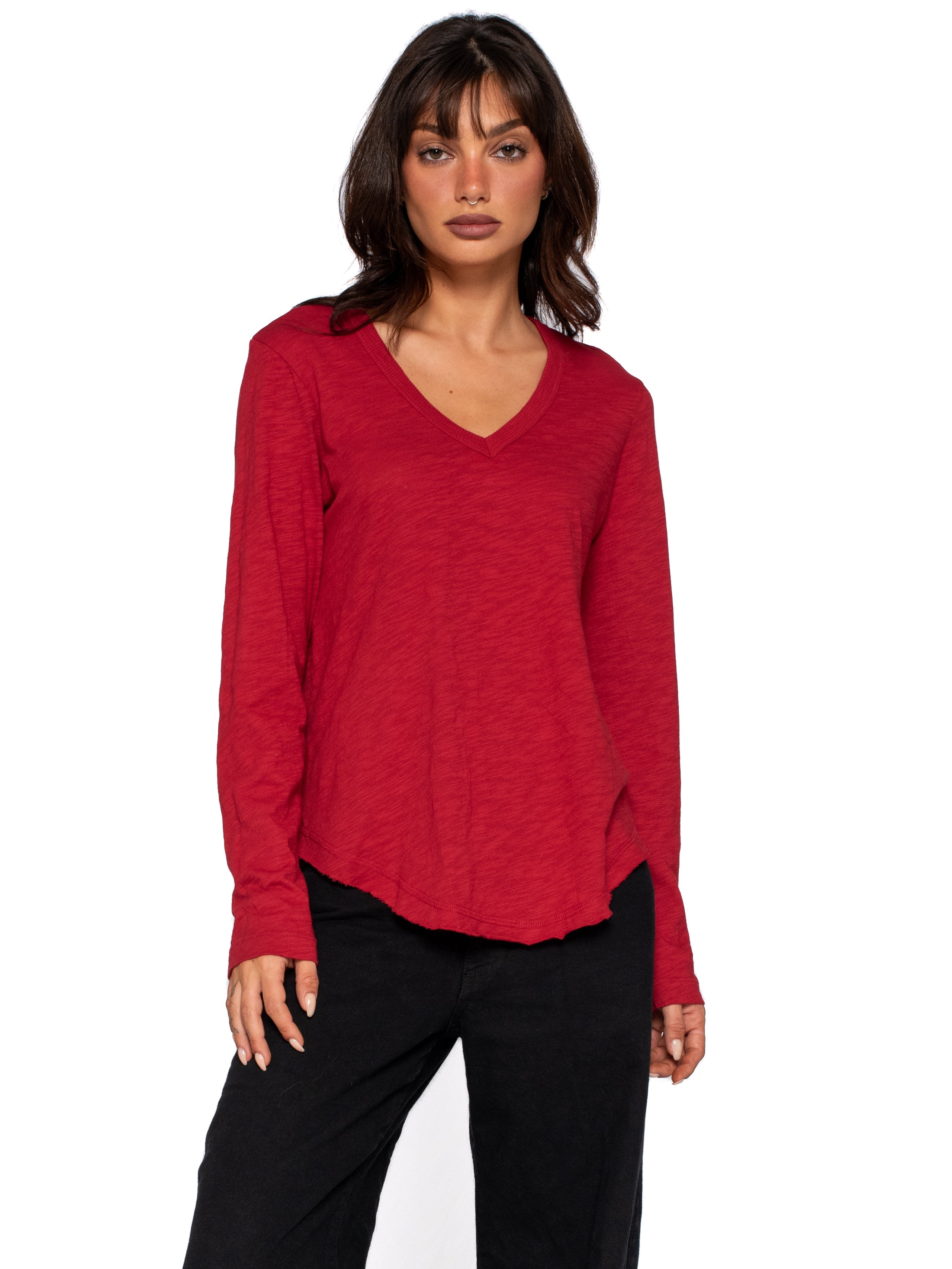 Long Sleeve V-Neck w/ Raw Hem Shirttail