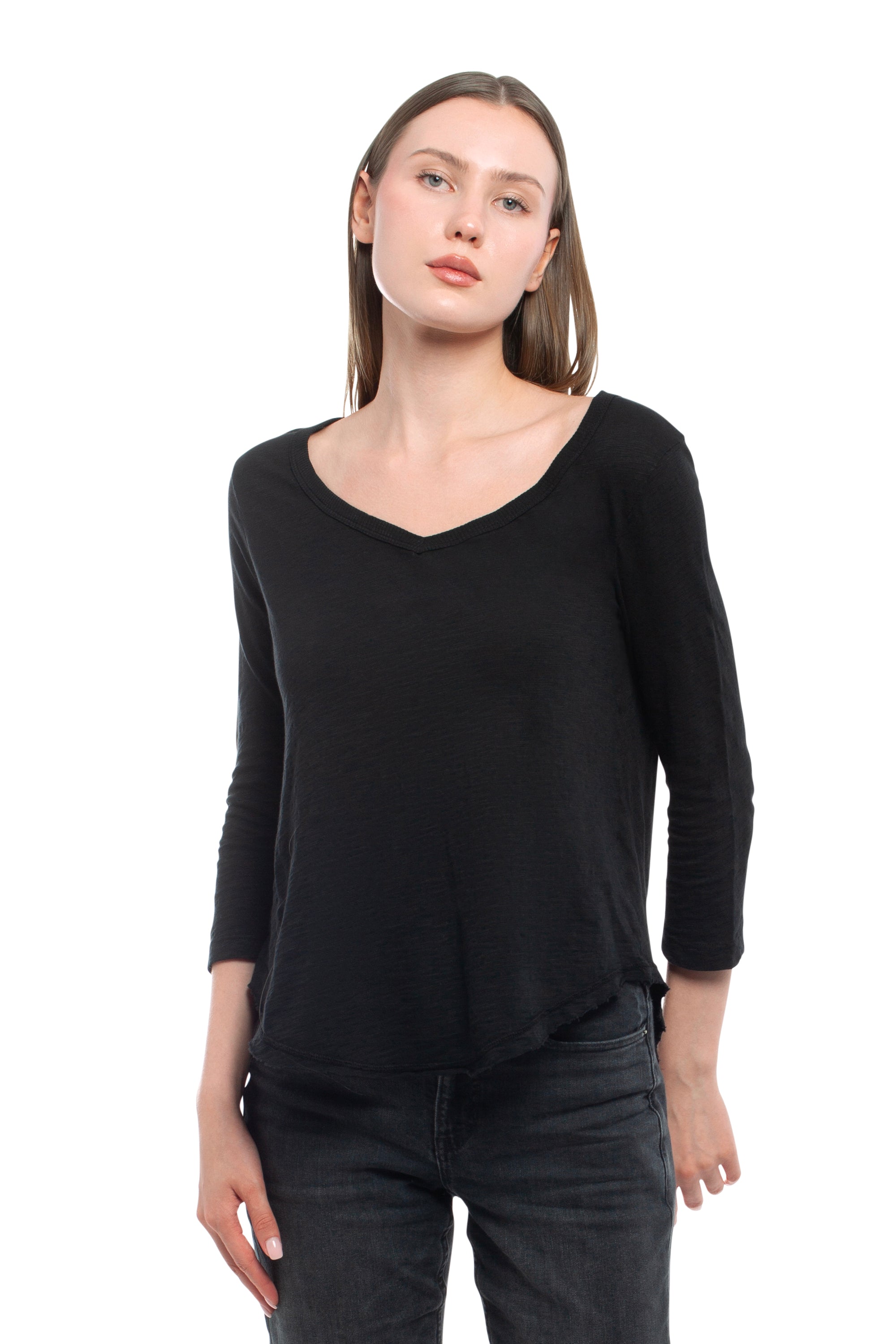 3/4 Sleeve V-Neck Shirttail