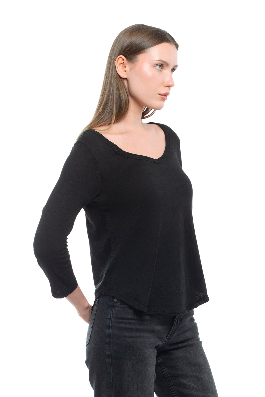 3/4 Sleeve V-Neck Shirttail