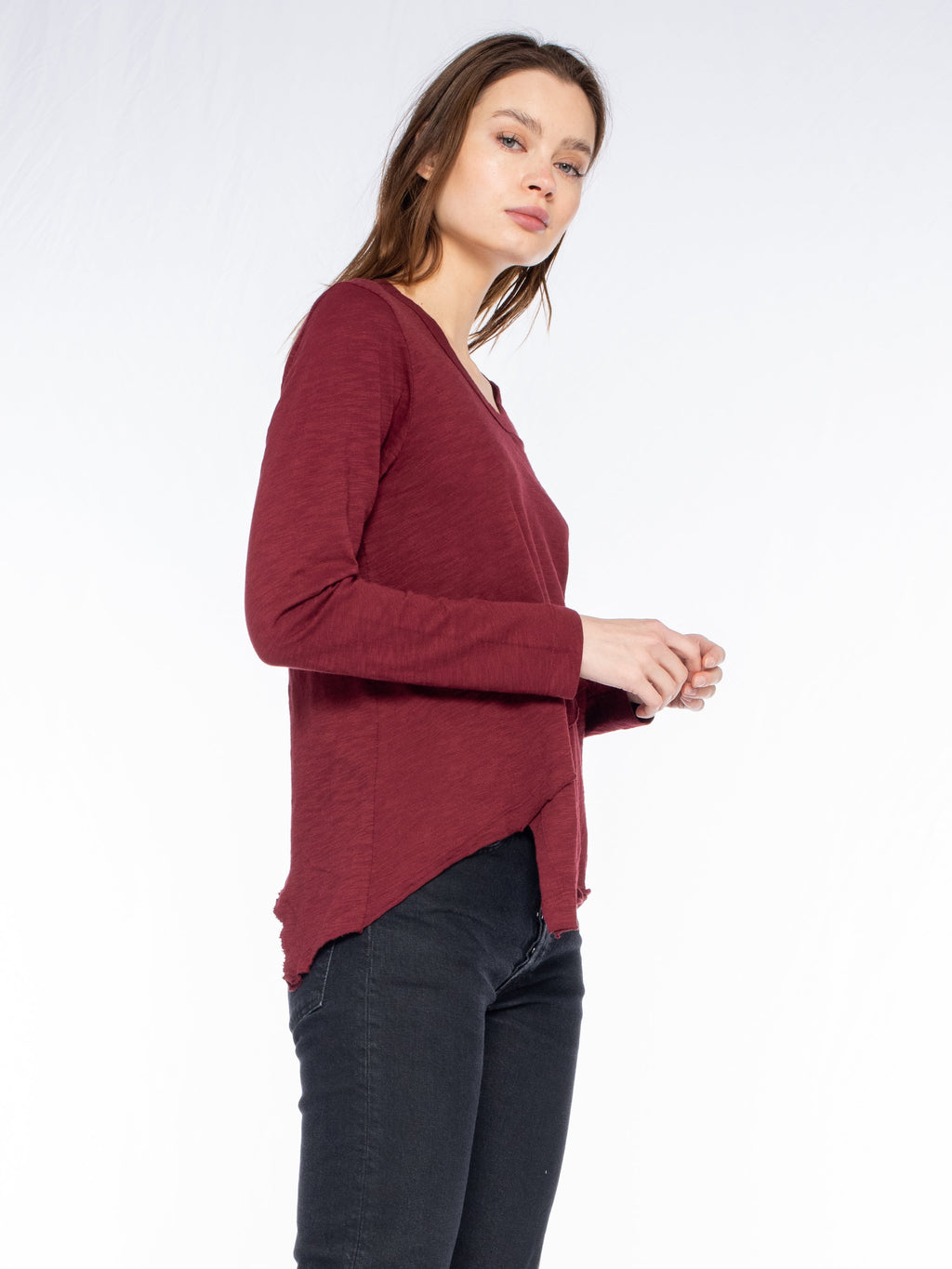 Crew Long Sleeve Easy Crossover Raw Hem Top