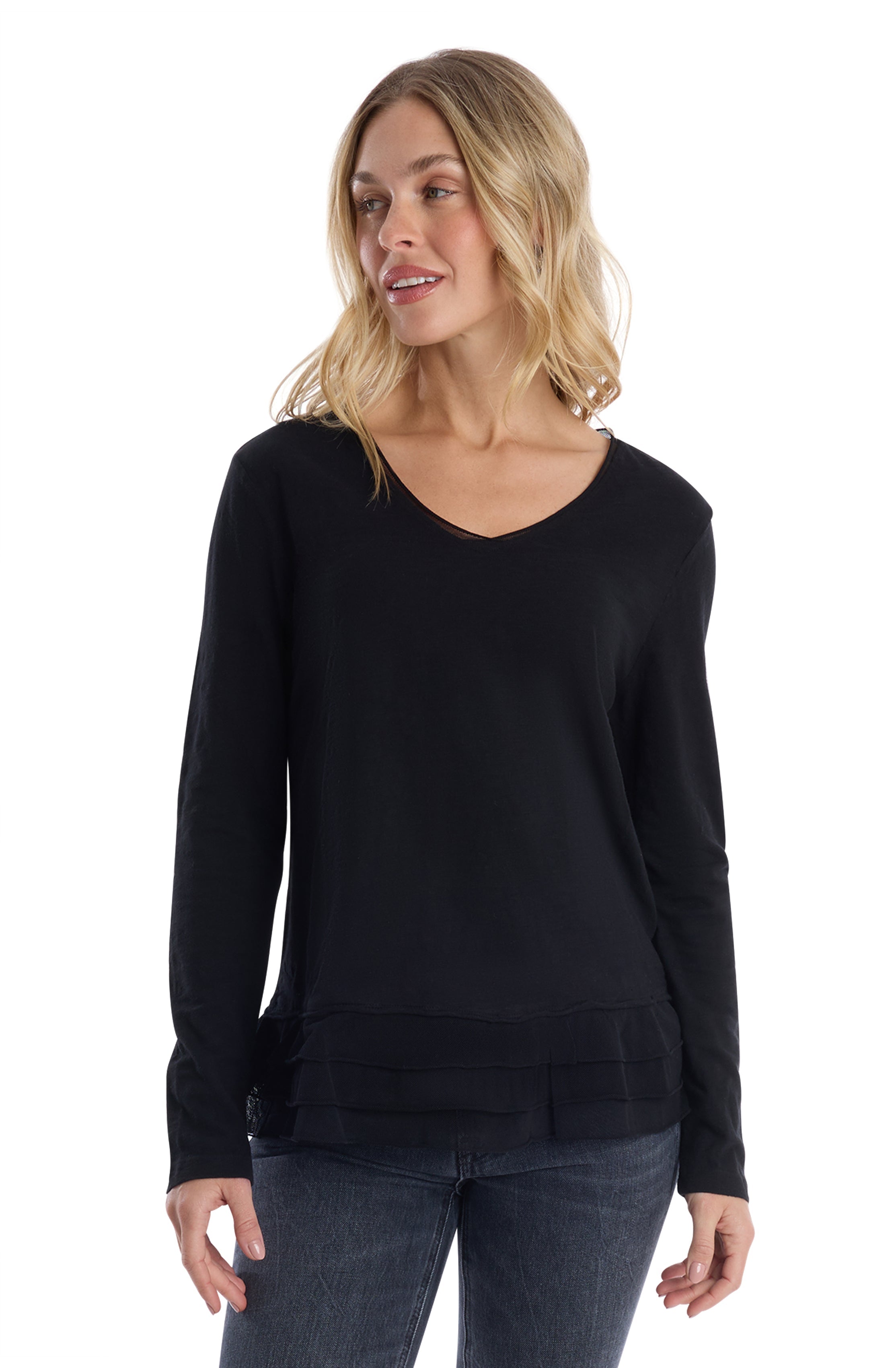 V-Neck Mixed Media Long Sleeve
