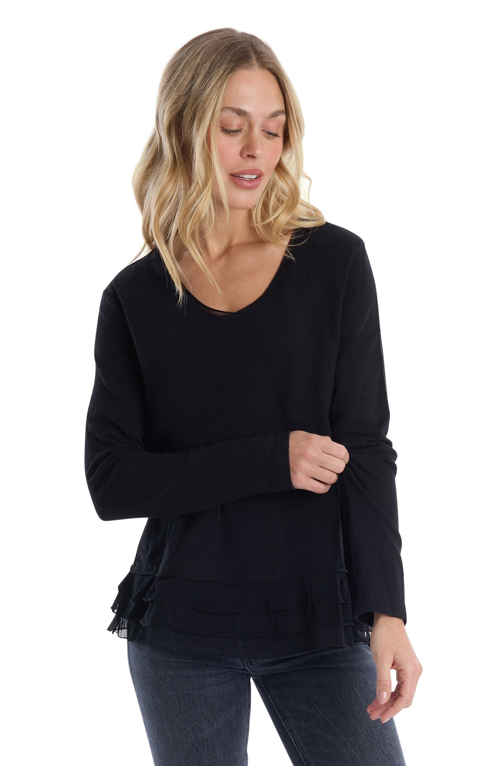 V-Neck Mixed Media Long Sleeve