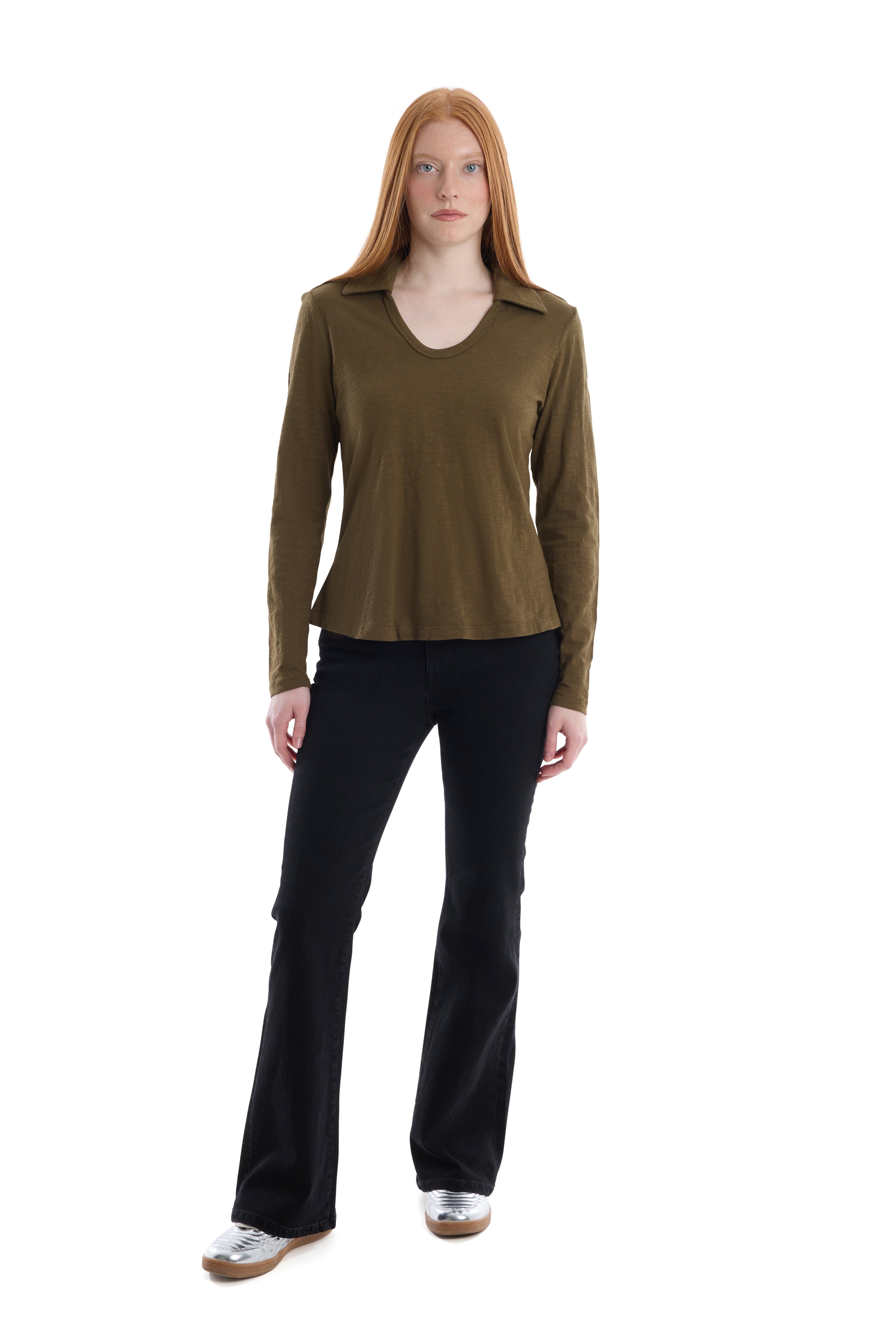 Scoop Neck Long Sleeve Polo