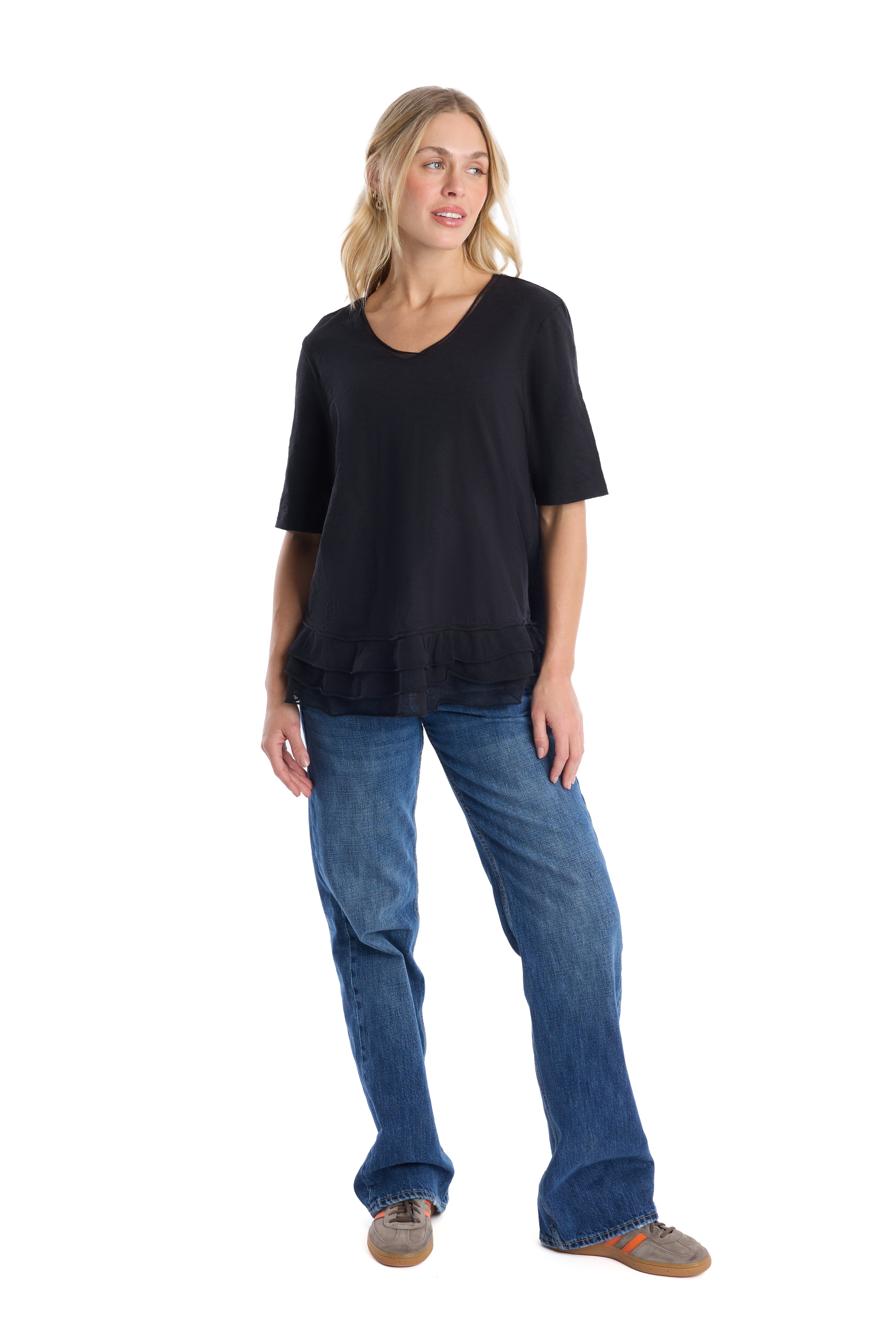 V-neck elbow sleeve mixed media