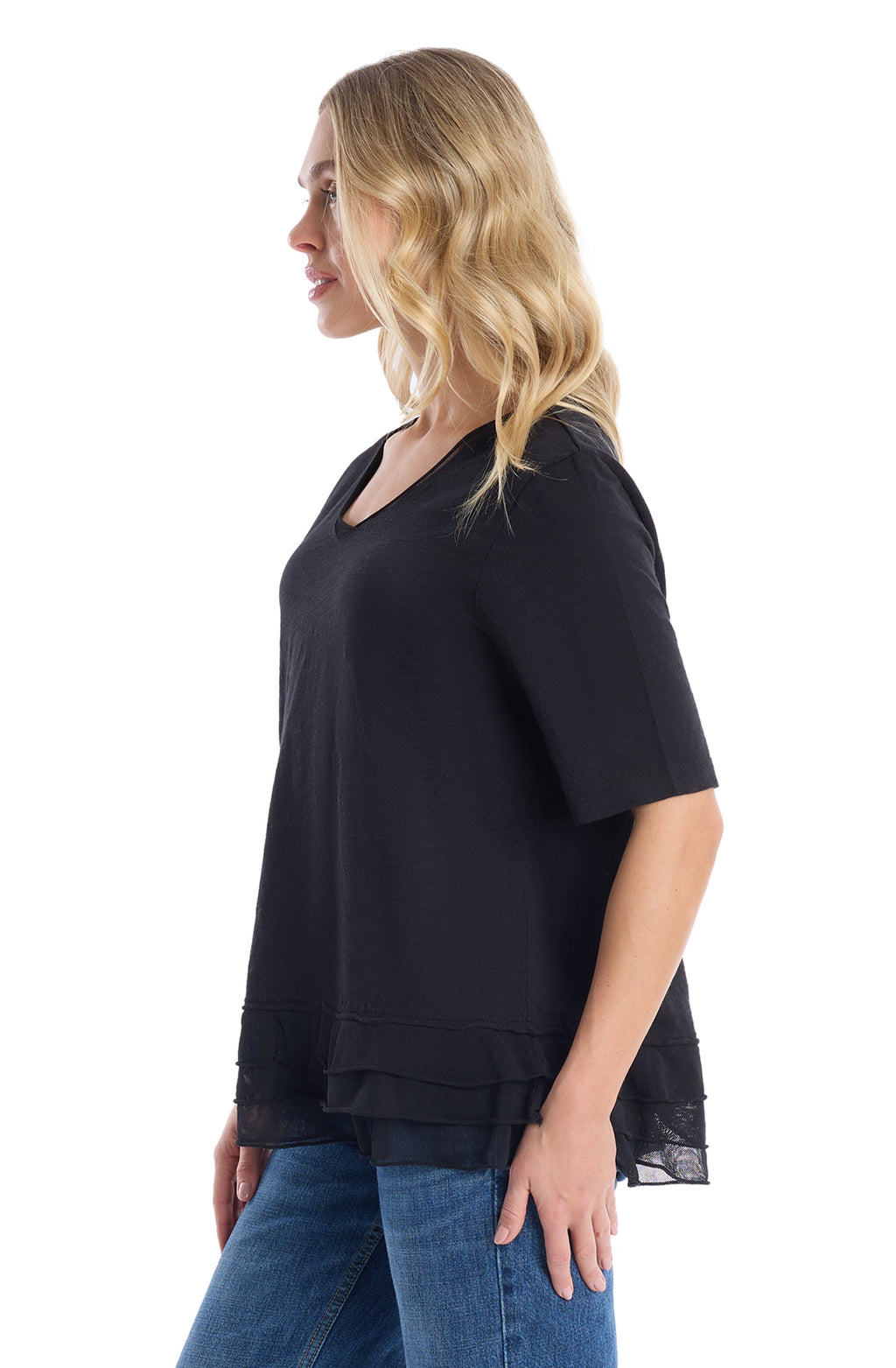 V-neck elbow sleeve mixed media