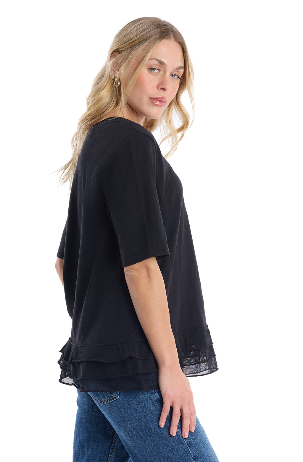 V-neck elbow sleeve mixed media