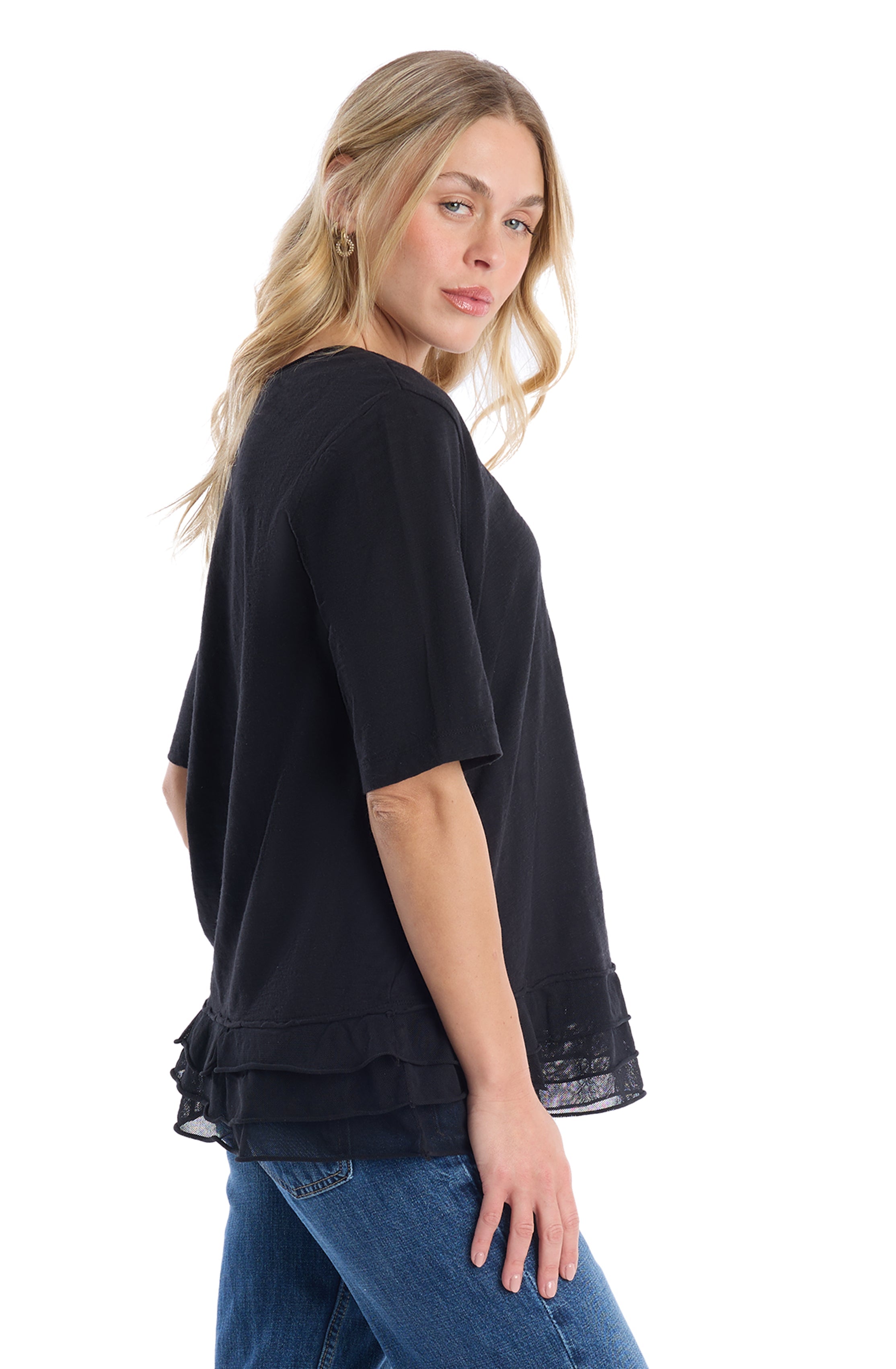 V-neck elbow sleeve mixed media