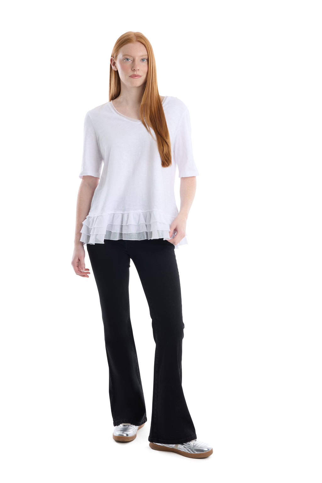V-neck elbow sleeve mixed media
