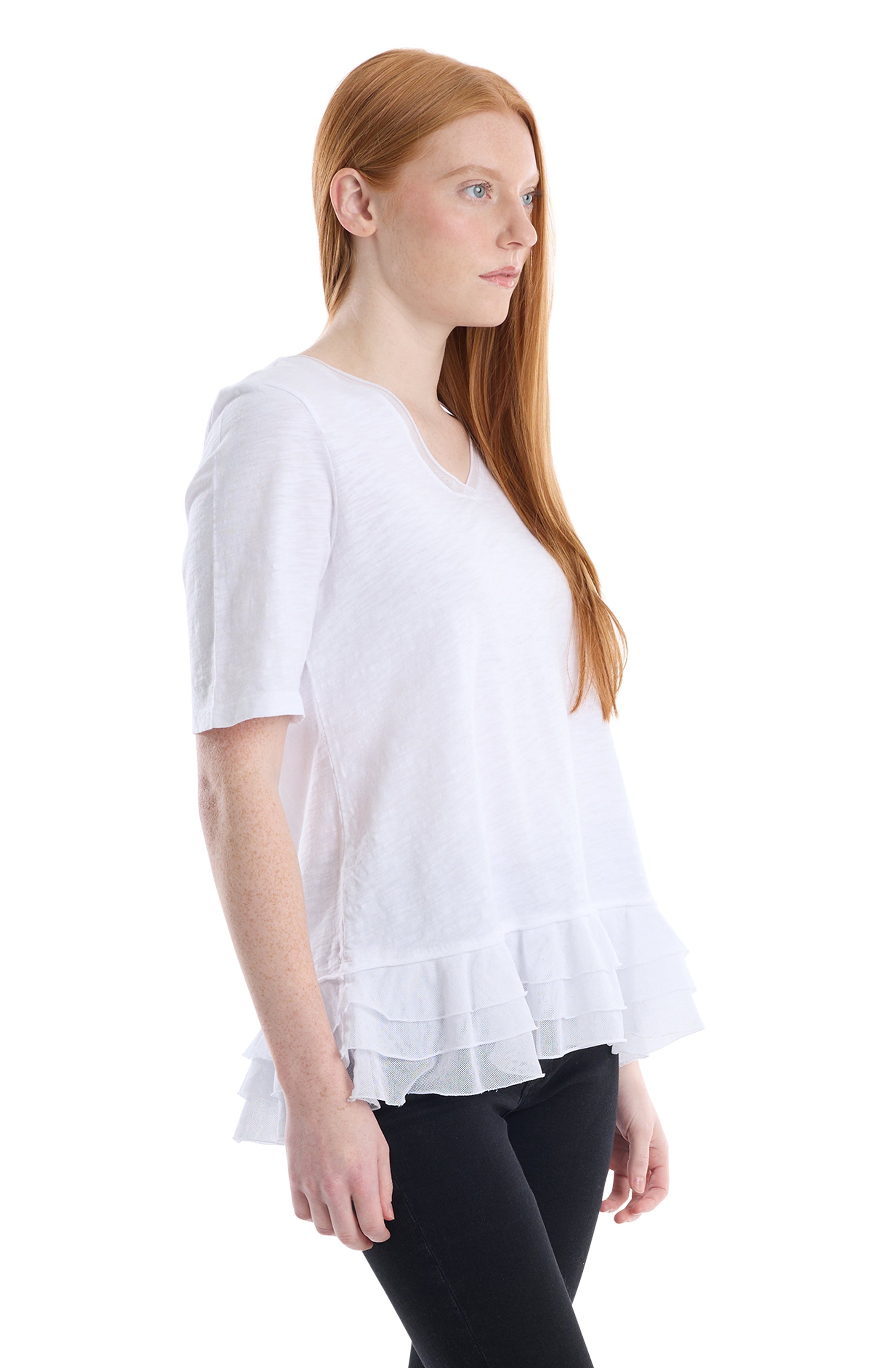 V-neck elbow sleeve mixed media